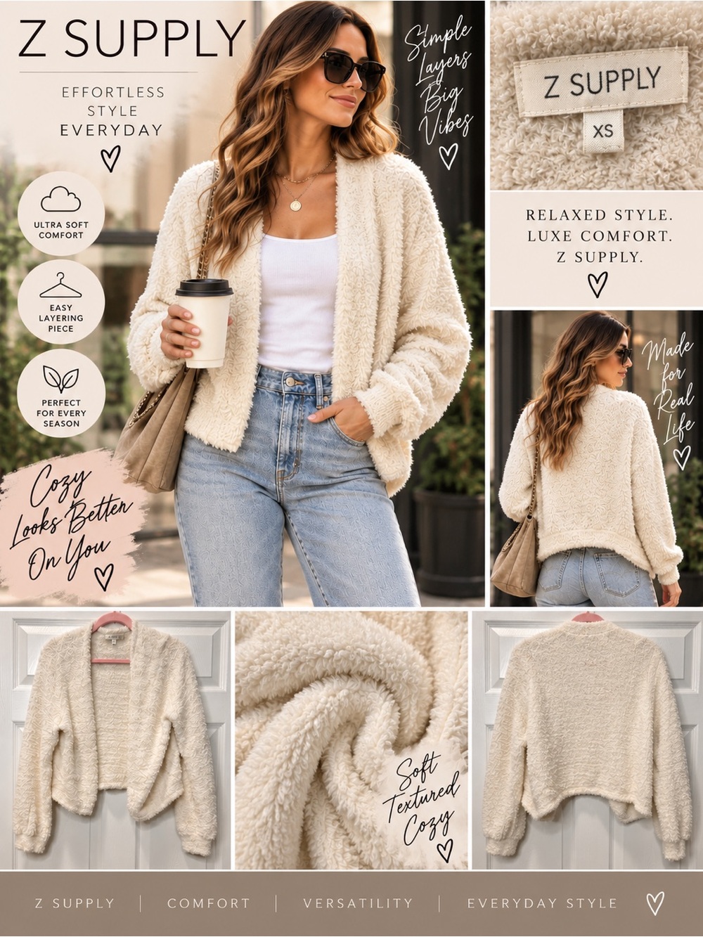 Z Supply Cream Fuzzy Open Front Cardigan Women’s XS Cozy Cropped Sweater